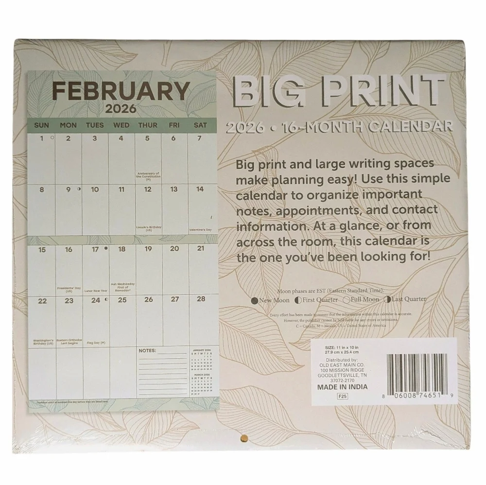 2026 CALENDAR BIG PRINT Wall Hanging 16 Month XL Writing Space 11
